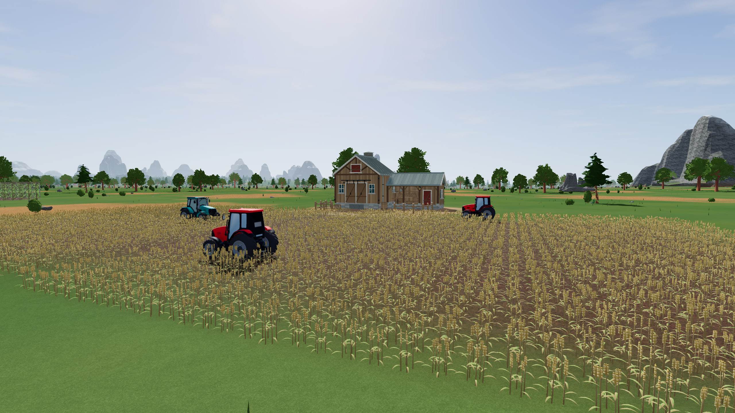 Ripe wheat on an arable farm, with red and teal tractors in the field beside a timber farmhouse.