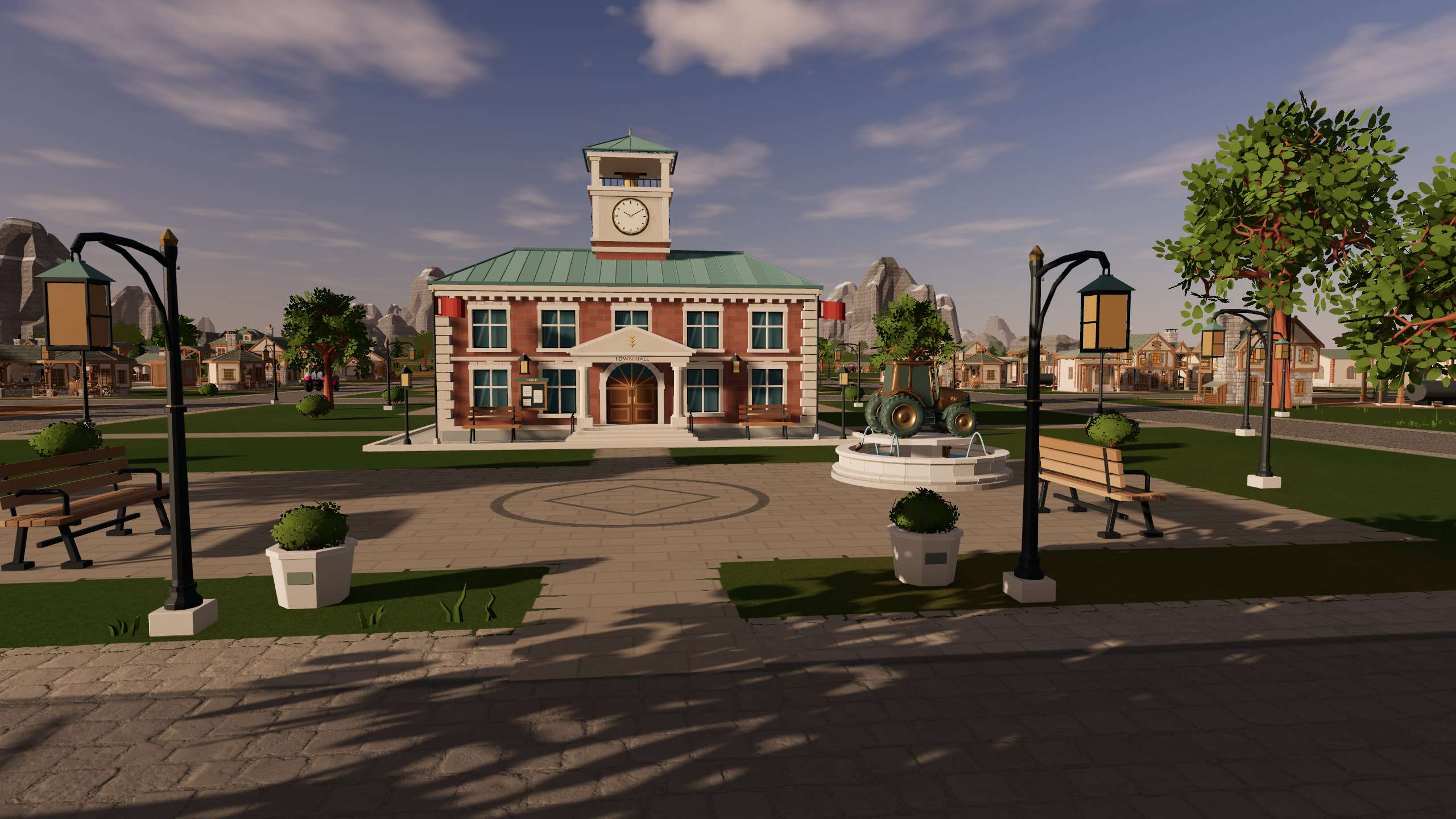 The town square: the Town Hall, the bronze tractor fountain, benches and street lamps.